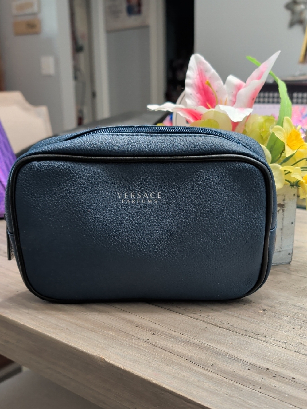Versace Collection Navy Blue Pebbled Cosmetic Bag